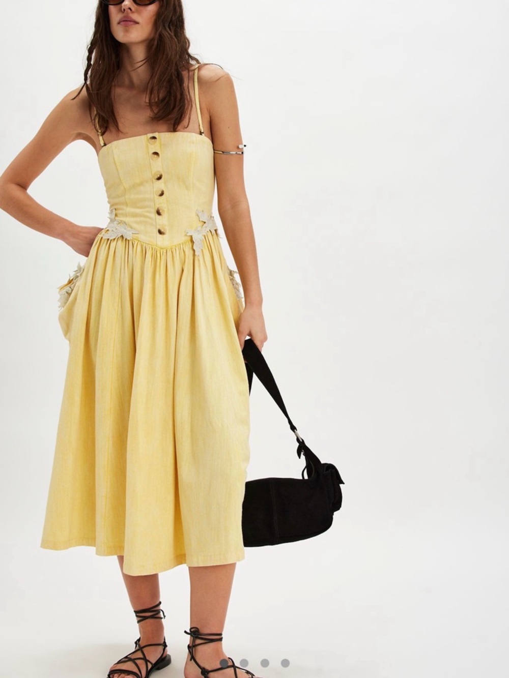 Free People Pale Yellow Button-Front Midi Dress